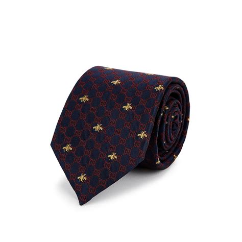 gucci embroidered bee silk blend jacquard tie|GG silk jacquard tie in navy and light blue .